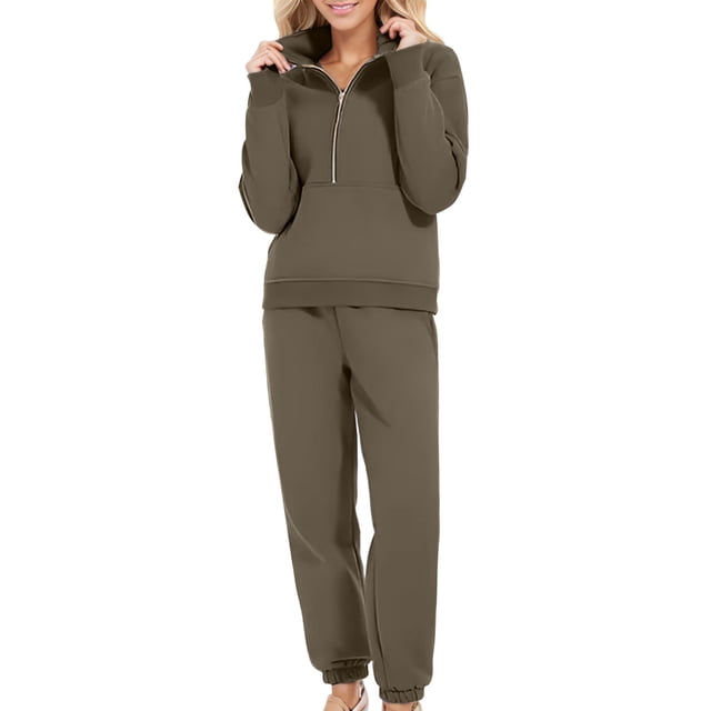 Timegard 2pc Sweatsuits for Women Outfits Half Zipper V Neck Long Sleeve Sweatshirt Cinch Bottom Sweatpants Workout Sets