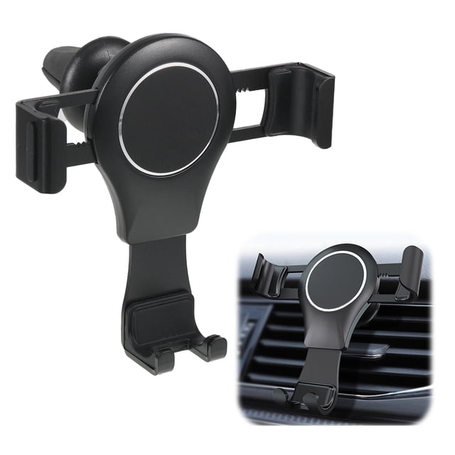 ZheElen Universal Cell Phone Holder Multi-functional Car Mount in black alloy. The holder features a sturdy and durable design with adjustable arms to securely fit all cell phones. It is shown attached to a car air vent, demonstrating its easy installation and stable mounting. The compact size measures approximately 11.5 cm by 11 cm by 4.5 cm.