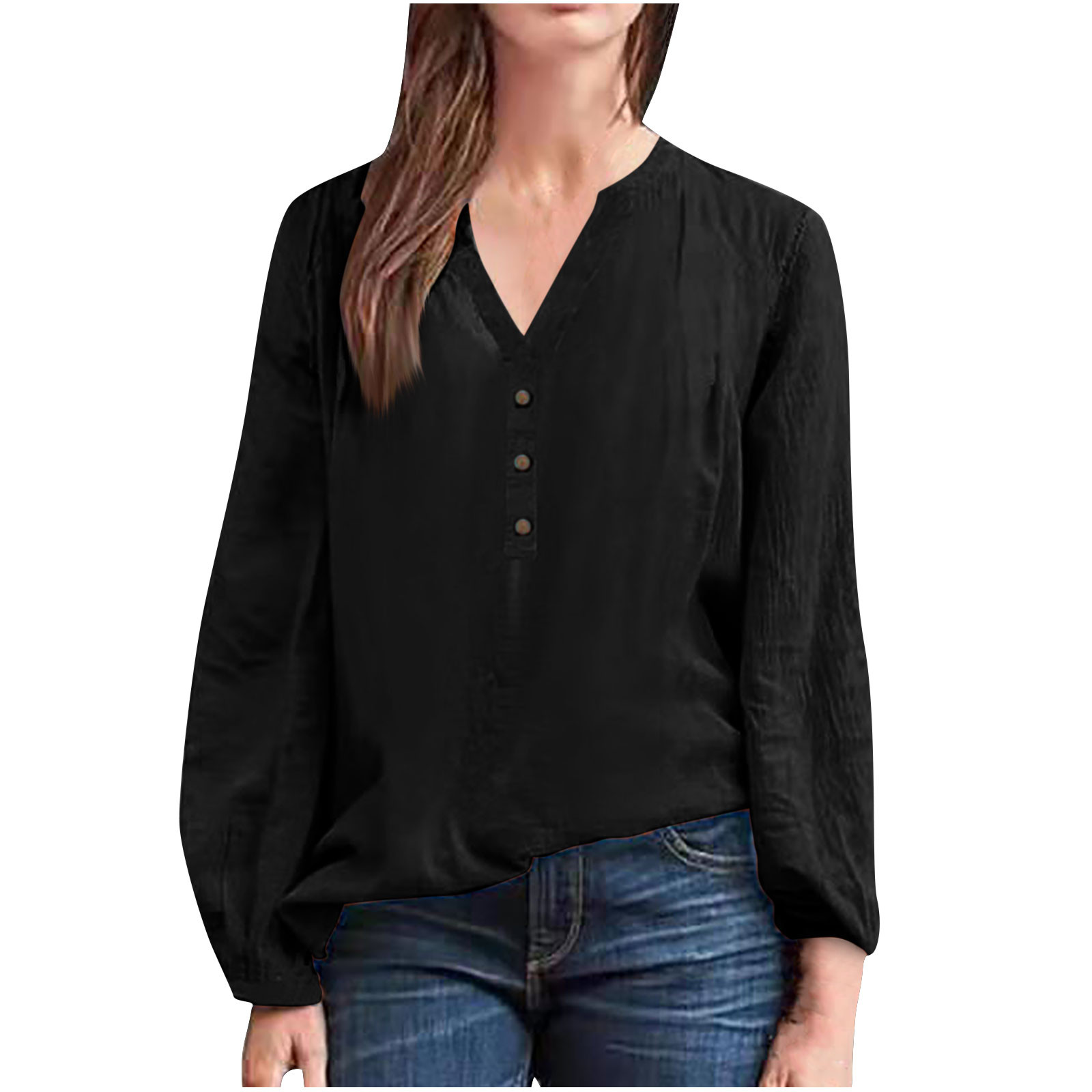 AherBiu Hauts à Manches Longues pour Femmes Blouse en Coton et Lin Demi-Boutonnage Col en V Hauts de Sortie pour Femmes