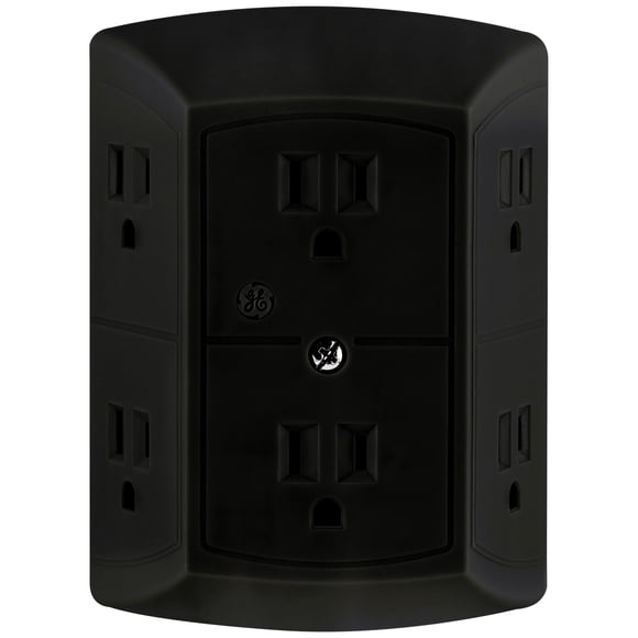 GE 6 Outlet Wall Plug Adapter Power Strip, Extra Wide Spaced Outlets, Power Adapter, 3 Prong, Multi Outlet Wall Charger, Quick & Easy Install, For Home Office, Black, 45201