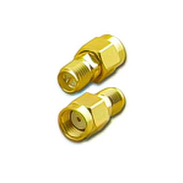 BY-SMA RP Male to SMA RP Female adapter with two gold-tone RF connectors featuring threaded ends, precision machined for low loss and compatible with Wi-Fi antennas and networking cables, suitable for home and personal networking setups.