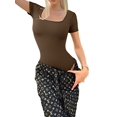 thumbnail image 3 of Women'S 2 Piece Bodysuits Ribbed Square Neck Short Sleeve Bodysuits Coffee Color L, 3 of 8
