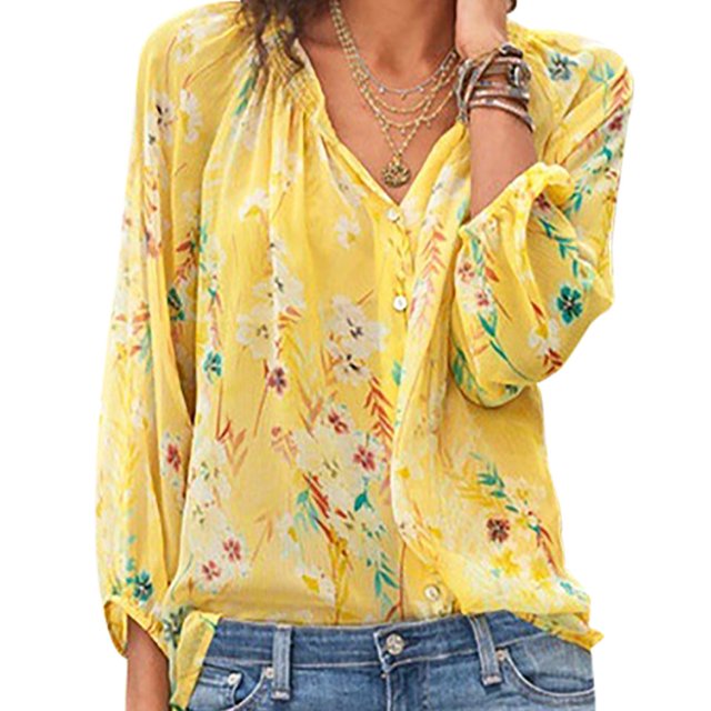 Hauts de Plage Décontractés à Manches 3/4 Florales pour Femmes, Col en V, Grande Taille