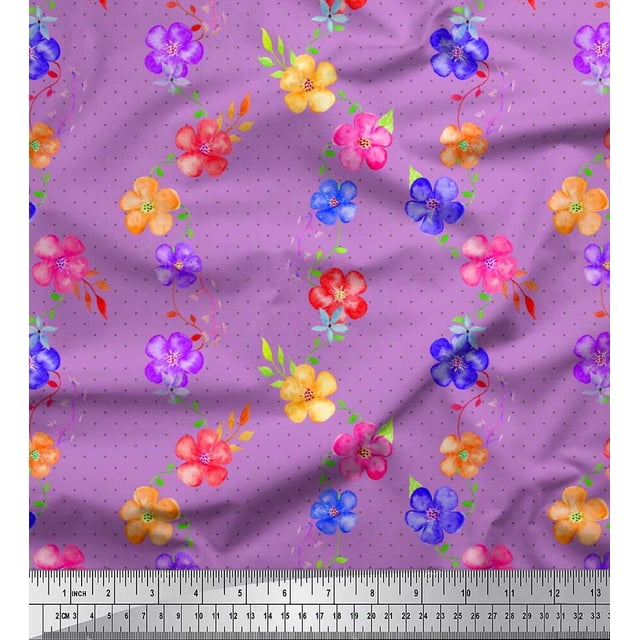 Soimoi Poly Georgette Fabric Dot,Leaves & Periwinkle Floral Print Sewing Fabric Yard 52 Inch Wide