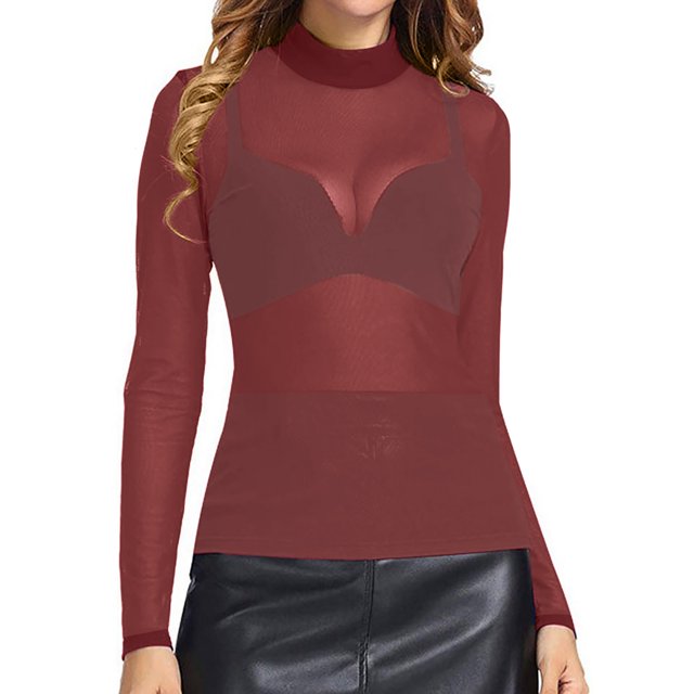 Besolor Hauts à Col Roulé en Maille Transparente pour Femmes, Ajusté, Manches Longues, Blouse de Fête Clubwear