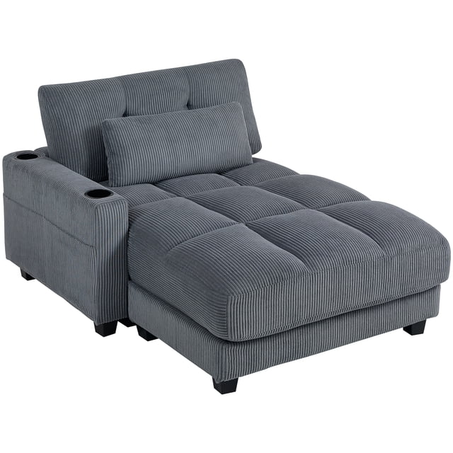 HOMCOM Chaise Longue Intérieure de 58 Pouces, Grand Canapé-Lit Rembourré, Vue avant Centrée Gris Foncé d'Une Grande Chaise Longue en Velours Côtelé Gris Foncé avec texture de Cordon visible, Dossier Bas et Épaisseur de Siège de 9,8 Pouces (25 cm), Doubles Porte-Gobelets avec Accoudoirs et Coussin Lombaire Inclus; Utilisé Souvent comme Petit Lit d'Appoint Ou Coin Lecture.