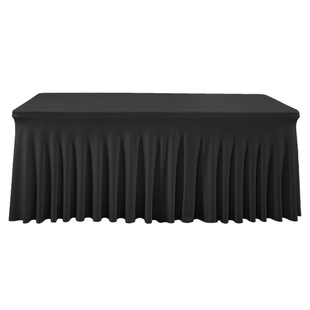 Black table skirt made of wrinkle-resistant and greaseproof thickened polyester fabric, designed to fit rectangular tables of 4ft, 6ft, or 8ft dimensions. The skirt features a sleek, pleated design and is suitable for events like weddings, parties, and hotel meetings. It is easy to install with an elastic fitting structure and can be machine washed for reuse.