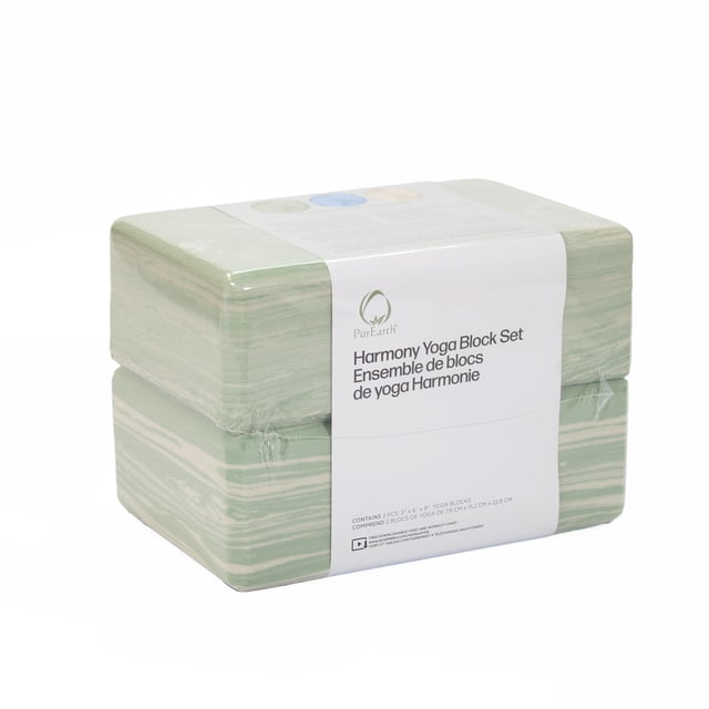 PurEarth Marbel Yoga Block Set - Sage with two stacked 3 x 6 x 9 inch yoga blocks in marbled sage green and white, wrapped in a white label showing the brand and product name, made from dense EVA foam to provide non-slip support and cushioning for yoga poses, also suitable for enhancing stretch and alignment.