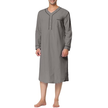 INSPIRE CHIC Chemises de Nuit pour Hommes Col Henley Couleur Unie Poche Poitrine Manches Longues Chemise de Nuit en Coton S Gris