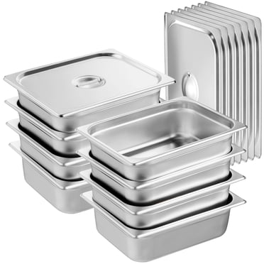 KFFKFF Set of 8 Hotel Pans, Half Size Anti-Jam Steam Pan with Cover, 0.8mm Gauge Stainless Steel Steam Table Pan, 4-Inch Depth Professional Table Pan, Food Storage Pan