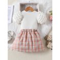 thumbnail image 3 of Honganda 1-6Y Toddler Girl Summer 2Pcs Outfit Solid Ribbed Bubble Short Sleeve Tops with Plaid Print A-Line Skirt Set, 3 of 9