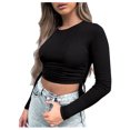 thumbnail image 1 of Birdeem T-Shirts Courts Mignons pour Femmes à Manches Longues avec Cordon, Froncés, Coupe Ajustée, 1 of 8