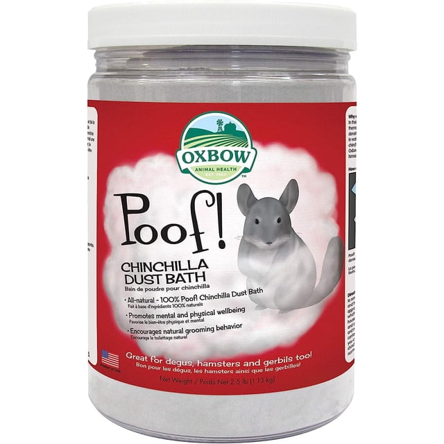 OxBow Poof Poussière de Chinchilla Nuage Bleue dans un Pot en Plastique Transparent avec Couvercle Blanc, Présentant une Étiquette Rouge avec le logo de Santé Animale OxBow et l'Illustration de Chinchilla Gris, un Bain de Poussière 100 % Naturel Favorisant le Bien-être mental et Physique et le Toilettage Naturel, Convient Aussi au degus, aux hamsters et aux Gerbilles, Poids net 2,5 lb (1,13 kg).