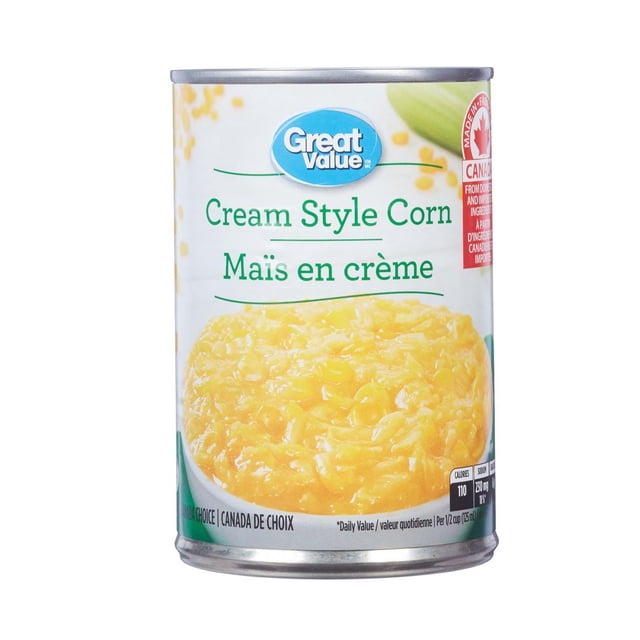 Great Value Maïs en Conserve Style Crème en Conserve de 398 ml avec une Étiquette Orientée vers l'Avant Montrant le logo de la Marque, un Nom de Produit Bilingue et une image de Grains de Maïs Jaune Crémeux, Idéal comme Accompagnement Ou Ingrédient Faible en Gras, Riche en potassium et en Fibres dans les Recettes Canadiennes.