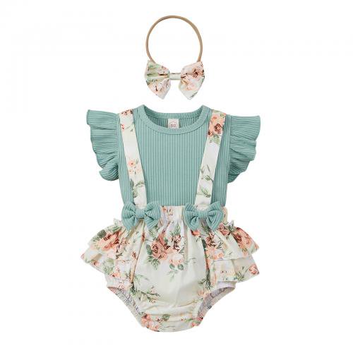 Opperiaya Ensemble Haut à Manches Volantes Col Rond + Short à Bretelles + Bandeau pour Fille