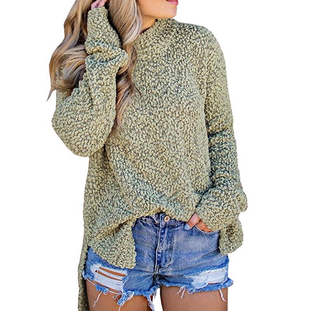 Womens Fuzzy Knitted Sweater Sherpa Fleece Side Slit Full Sleeve Jumper Outwears