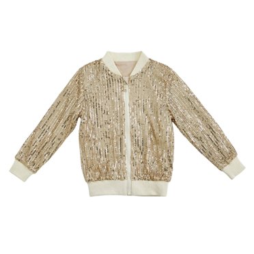 Sequin Jackets Girls Solid Color Long Sleeve Zip Up Jacket For Kids Christmas Shiny Fashion Clothes Girls Coat&Jacket Gold 4Y/4 Y—5 Y