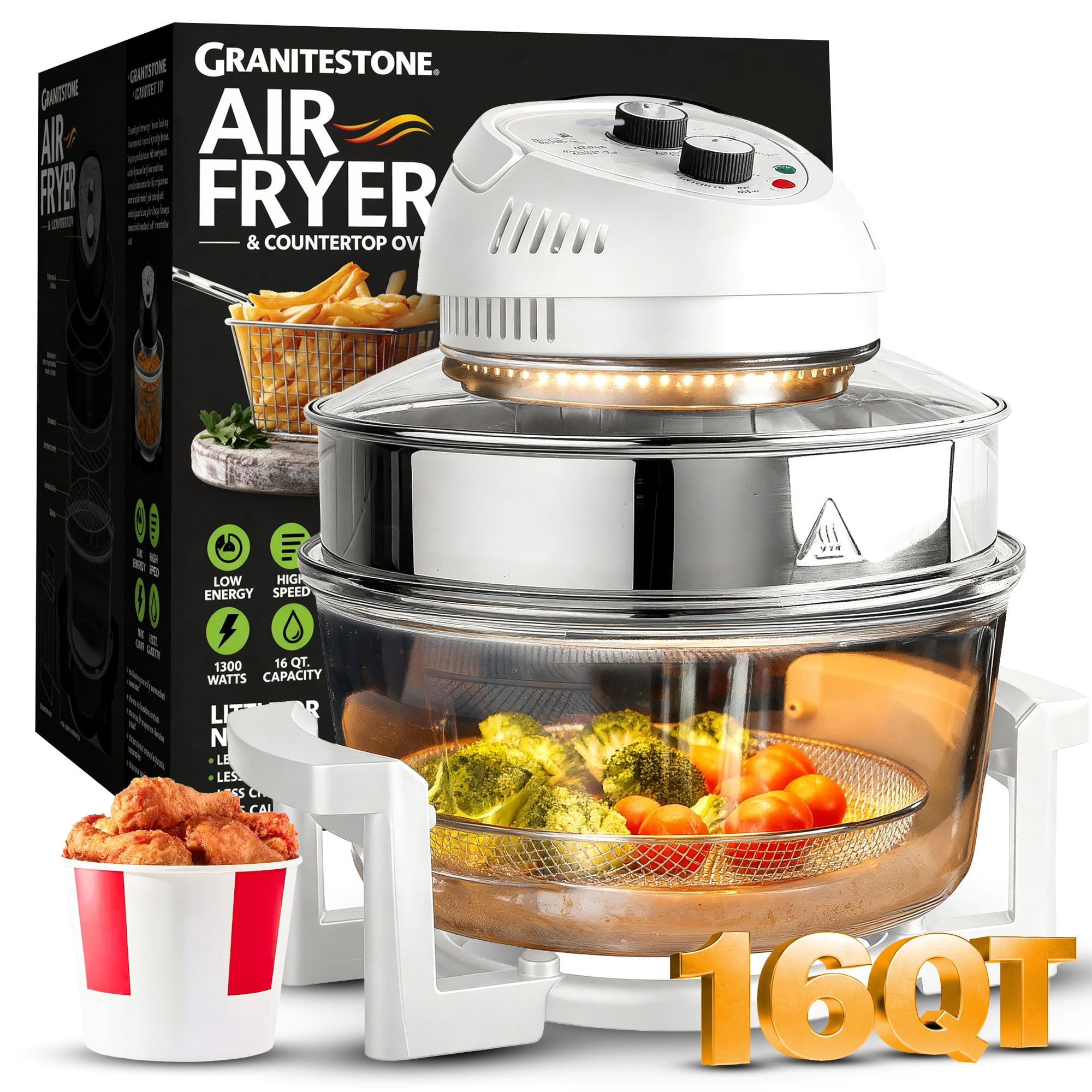 Granitestone Big Boss 16Qt Extra Large Glass Air Fryer Non Toxic – Family Sized 4 in 1 Cooker with 3 Cooking Sections, Self Cleaning, Dishwasher Safe White