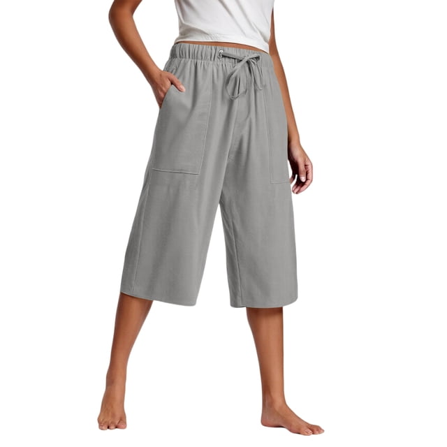 Kaemgyyd Womens Plus Size Capris Lounge Drawstring Cotton Linen Bermuda Shorts Flowy Wide Leg Beach Vaction Cropped Trousers