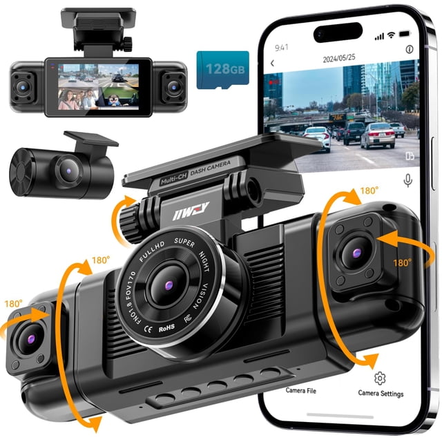 IIWEY N5 4 Channel Dash Cam in black, featuring a 360° all-sides view with FHD 1080P resolution for front, rear, left, and right cameras. Includes a 3-inch IPS screen, 8 IR lamps for night vision, and 5GHz WiFi with app control. The image shows the dash cam with adjustable 180° side cameras, a 128GB SD card, and a smartphone displaying the app interface.