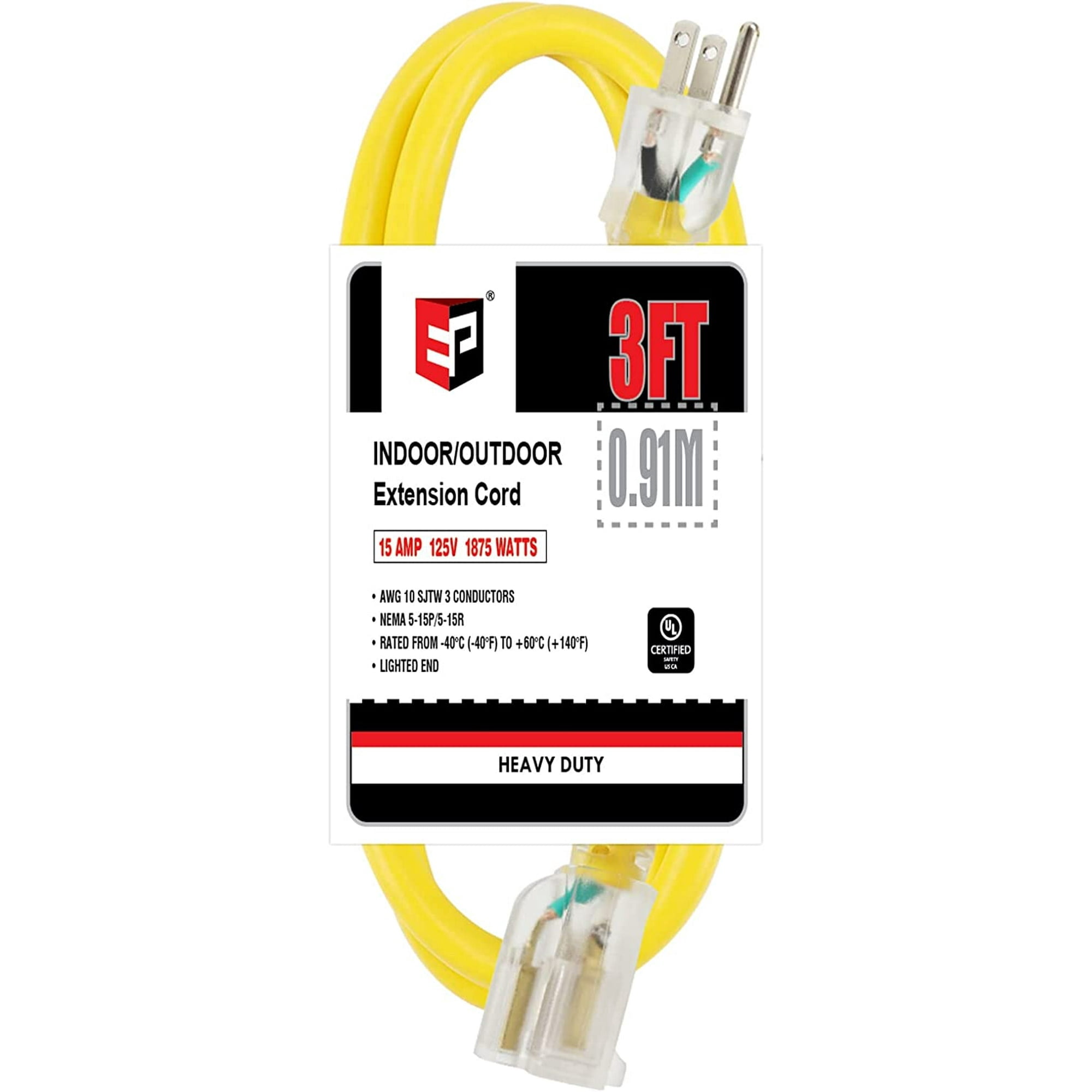 EP 3 Ft Lighted Outdoor Indoor Extension Cord - 10/3 SJTW Heavy Duty Yellow Extension Cable with 3 Prong Grounded Plug for Safety