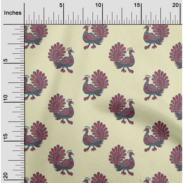 oneOone Silk Tabby Fabric Peacock Block Printed Fabric 1 Yard 42 Inch Wide
