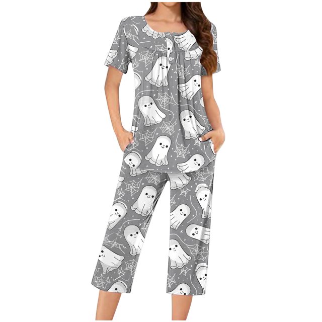 Jamicy Pyjama Confortable pour Femmes Ensemble Grande Taille Ample Imprimé d'Halloween Col Rond à Boutons Ensemble de Pyjama Capri Pyjama d'Halloween