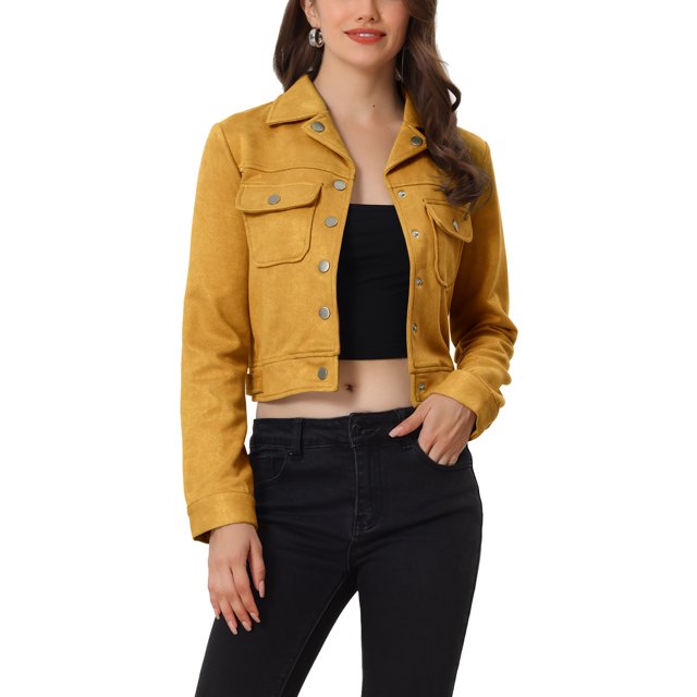 INSPIRE CHIC Veste Courte Décontractée pour Femme en Faux Suède à Col Cranté Boutonnée avec Poches Jaune G