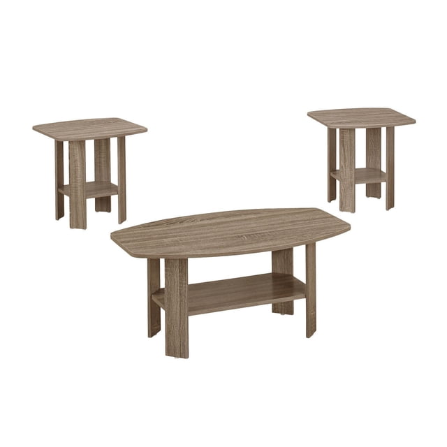 Monarch Specialties table set 3pcs includes a brown laminate coffee table (36x22x16 in) and two end tables (20x20x20 in) with modern angled legs and open lower shelves for living room storage and accent use.