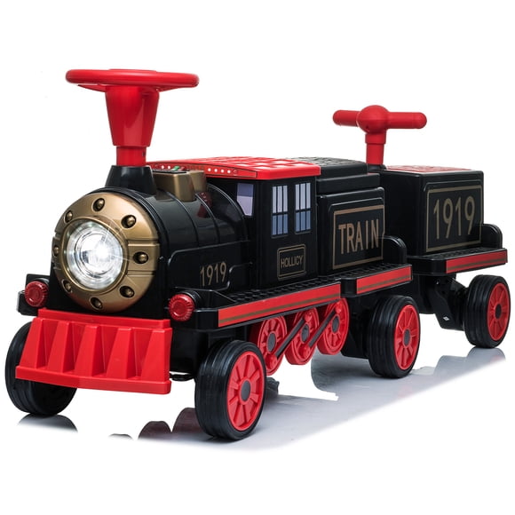 VOLTZ TOYS 12V Electric Locomotive Train with Passenger Carriage for Kids and Parents, Motorized Ride-On Toy with Real Smoke Effect, All-Terrain Wheels, Black