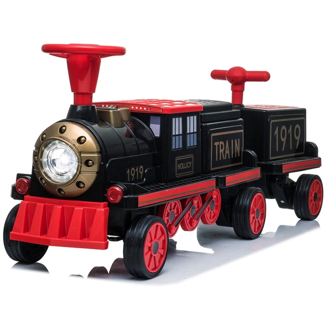 VOLTZ TOYS 12V Electric Locomotive Train with Passenger Carriage for Kids and Parents, Motorized Ride-On Toy with Real Smoke Effect, All-Terrain Wheels, Black