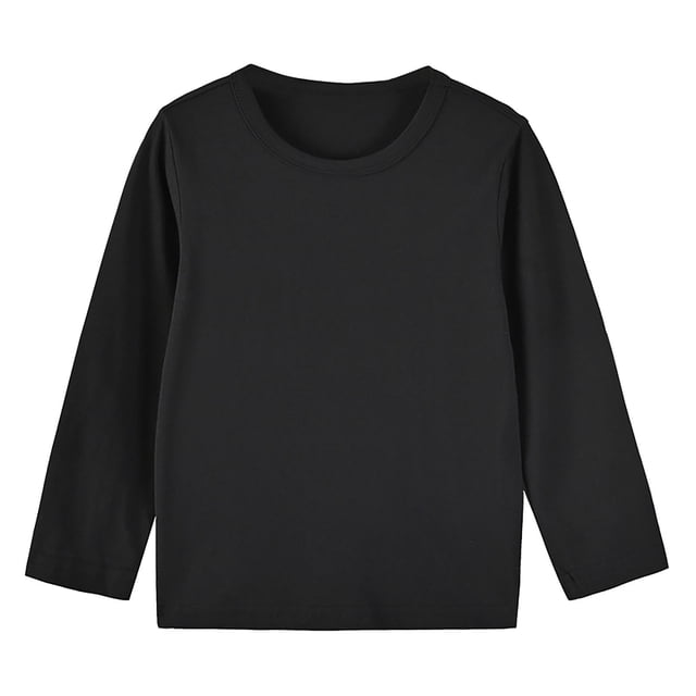 T-Shirt à Manches Longues pour Enfants Col Ras du Cou Garçon Fille Coton Doux T-Shirts de Base Décontractés Unis T-Shirts Hauts 1-13 Ans (5-6 Ans, Noir)