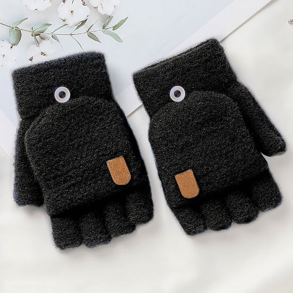 Black Gloves Mittens Winter Knitted Fingerless Gloves Thermal Insulation Warm Convertible Mittens Flap Cover for Men Women