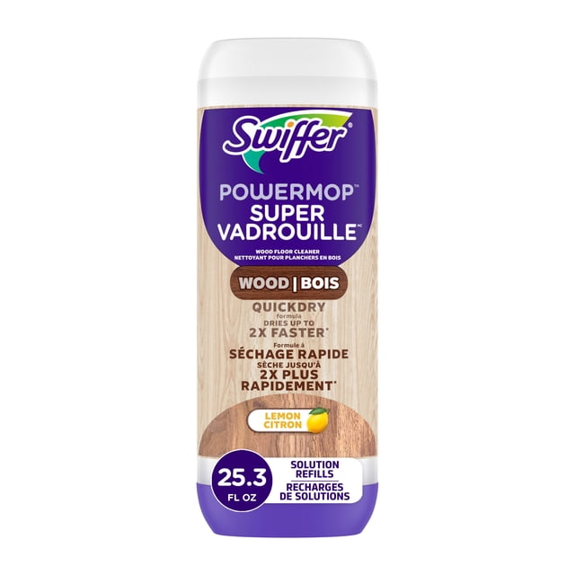 Swiffer Power Mop Wood Refill Solution, 25.3 fl oz QuickDry hardwood floor cleaner with lemon scent, dries up to 2X faster, breaks down sticky messes, safe for finished wood floors, no rinsing needed.
