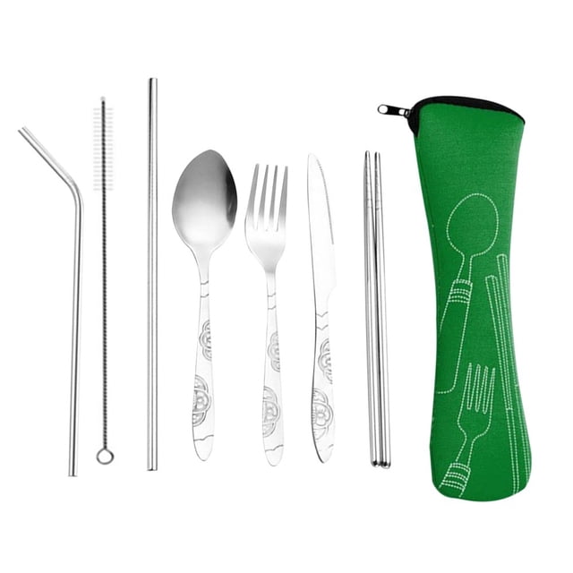 8pcs/set Spoon Fork Set Stainless Steel Chopstick Straw Set Portable Dinnerware Kit Black