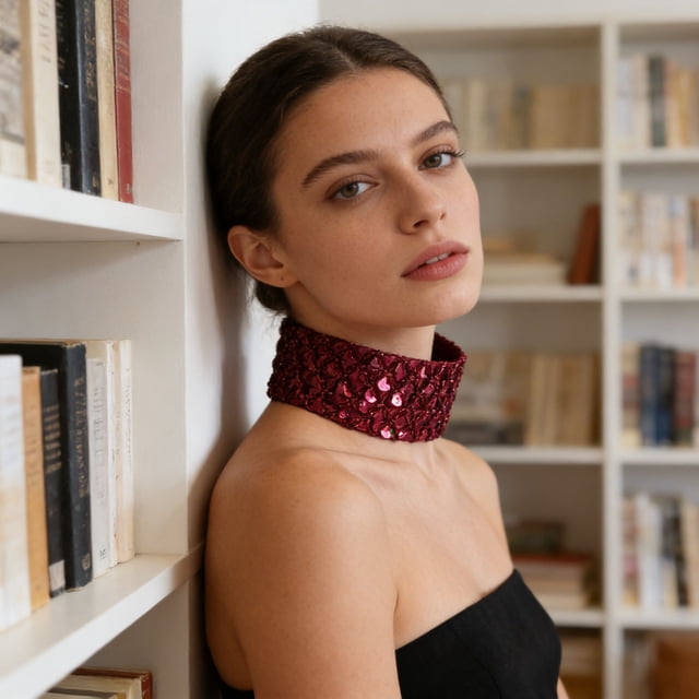 Collier Ras-du-Cou à Paillettes Métalliques Col en Velours pour Femmes, Accessoire de Fête au Design Scintillant d'Écailles de Poisson – Pièce Déclarée Ajustée et Confortable pour Tenues de Soirée Festival