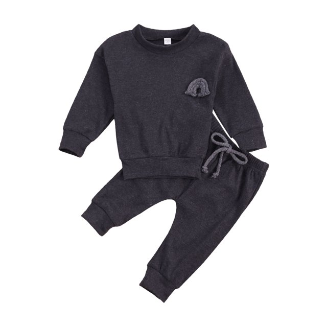 Kids Baby Solid Color Clothes Set, Baby Rainbow Embroidery Long Sleeve O-neck Tops + Drawstring Waist Long Pants