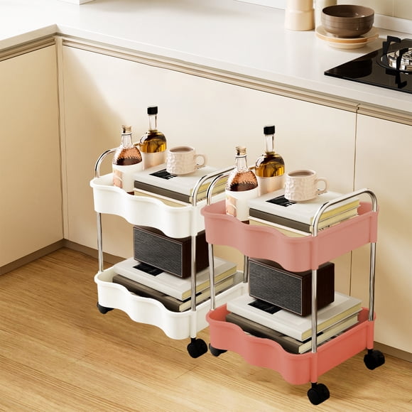 mtvxesu 2-Tier Rolling Storage Cart with Armrests, Plastic Utility Cart for Kitchen, Bathroom & Living Room Organization, 1 Count