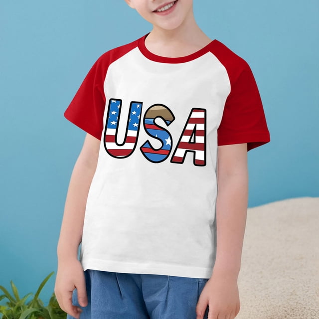 MKOSPLRT USA Shirts T - pour Tout-Petits Drapeau Américain T-Shirts Manches Courtes à Blocs de Couleur Raglan T-Shirts Col Rond T-Shirts Jour de l'Indépendance T-Shirts Rentrée Scolaire