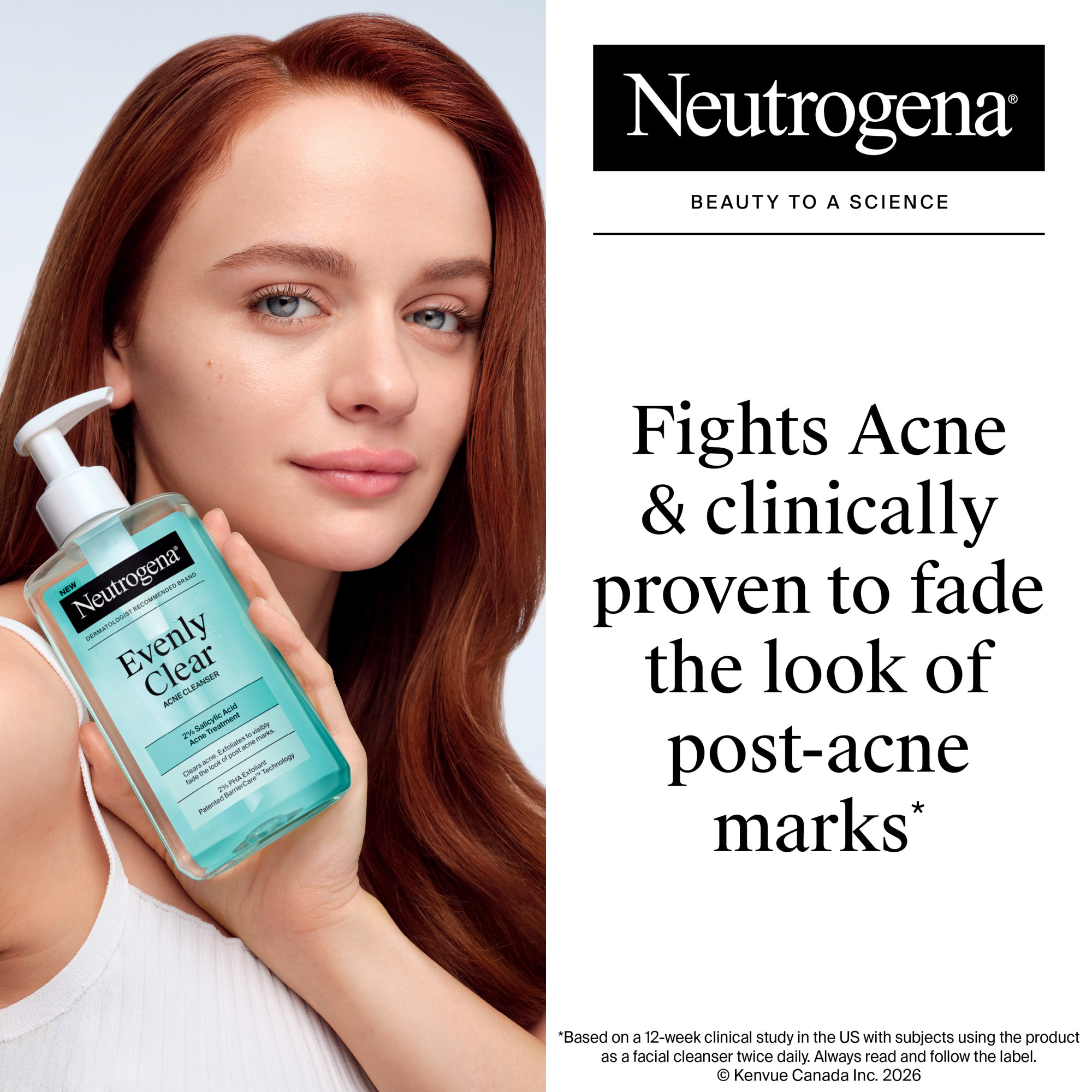 Nettoyant anti-acné Neutrogena Evenly Clear avec 2 % d’acide salicylique et 2 % d’exfoliant PHA, mousse douce pour le visage qui élimine les points noirs, atténuant les marques d’acné, 269 mL