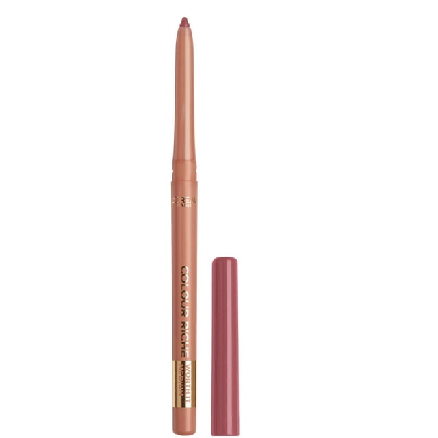 Colour Riche Lip Liner by L'Oréal Paris in medium rose, a slim retractable pencil with gold lettering on a nude-pink body, shown uncapped with the cap beside it, suitable for precise lip definition and long-lasting wear.
