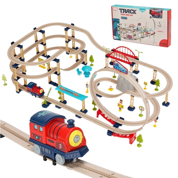 Zacro Ensemble de Train Électrique pour Enfants, Ensemble de Train à Thème Urbain 146 Pcs avec Train, Pont et Panneaux, Jouets de Voies Ferrées en Boucle, Cadeau pour Garçons et Filles de 3 4 5 6 7 Ans