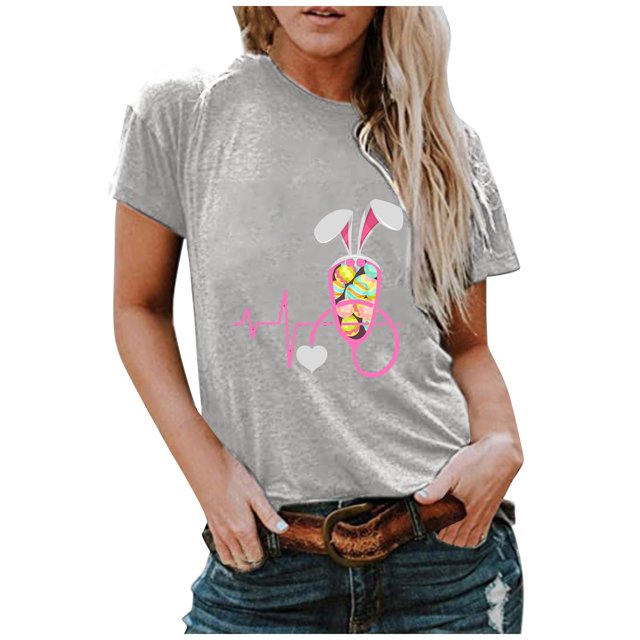 Hauts d'Été pour Femmes 2023 T-shirt à Col Rond pour Femmes à Imprimé Lapin de Pâques à Manches Courtes Blouse Décontractée Ample