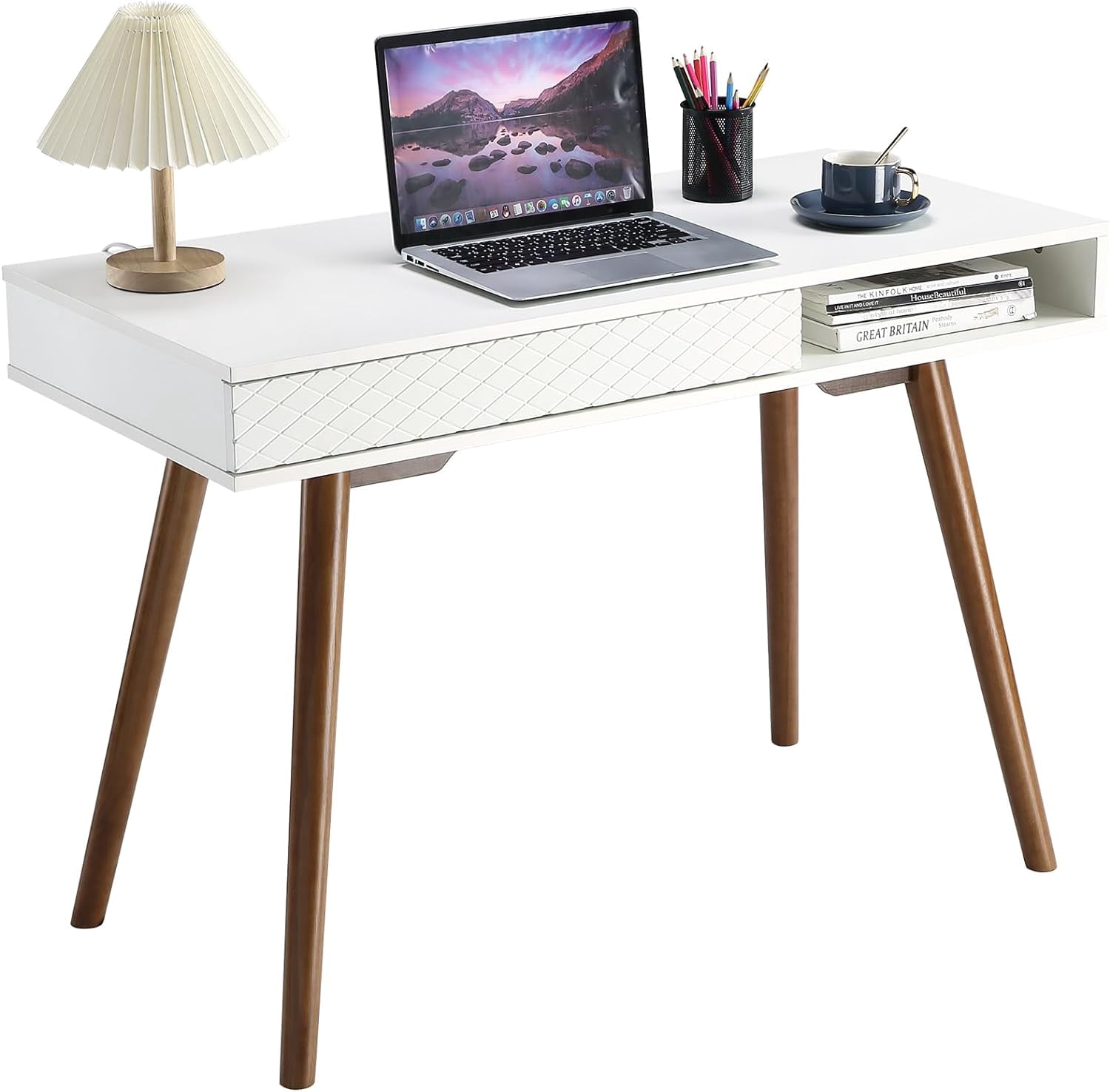 PIONEERWORKS Modern Home Office Writing Desk, 42 Inch Computer Table Desk with Drawers, Simple Mid Century Modern Desk, White