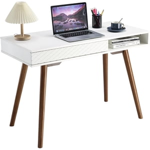 PIONEERWORKS Modern Home Office Writing Desk, 42 Inch Computer Table Desk with Drawers, Simple Mid Century Modern Desk, White
