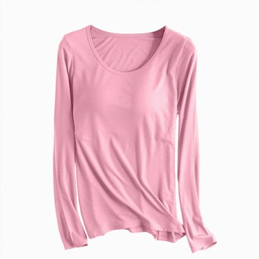 Splozh T-Shirts en Coton pour Femmes T-Shirt pour Femme Soutien-Gorge à Manches Longues Haut de Pyjama Yoga Rembourré Haut Décontracté Tee-Shirt avec Soutien-Gorge Intégré T-Shirts Basiques Rose, TG