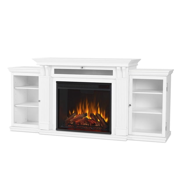 Calie 67" Media Electric Fireplace in white with a central electric firebox featuring infrared LED flames and glowing embers, flanked by two side cabinets with glass doors and adjustable shelves, carved columns, crown molding, and a drop-down glass door shelf, ideal for media storage and supplemental heating.