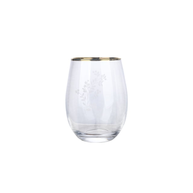 Holiday Time WW Berry Stemless Wine Glass, 18oz, 1piece, clear stemless glass with a front view showing an etched berry branch pattern and a gold electroplated rim, designed for cold drinks and hand wash only, suitable for craft cocktails and holiday entertaining.
