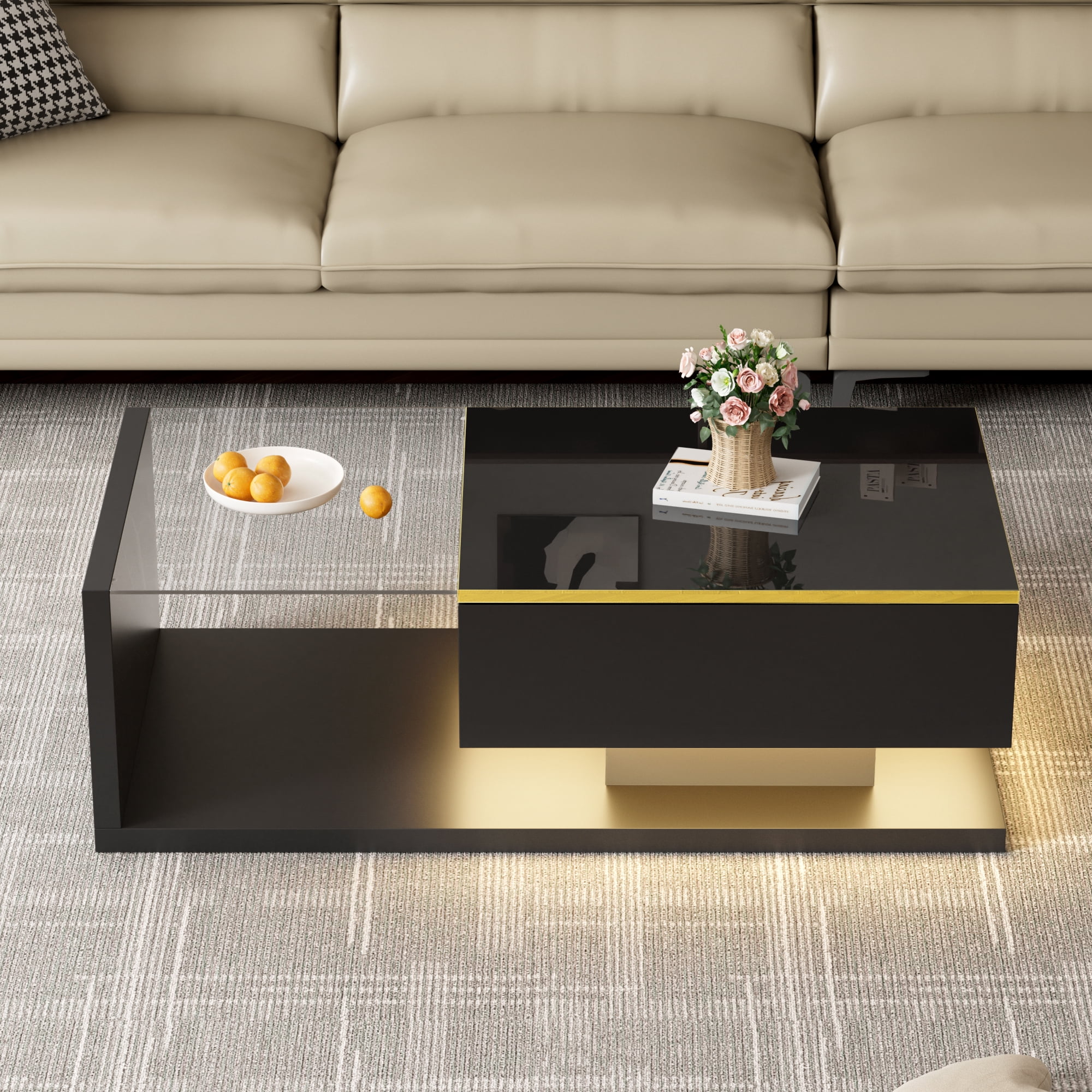 Noble House 39.4" High-Gloss Black Coffee Table, Tempered Glass with Dimmable LED, Storage Compartment & Open Shelves,Black