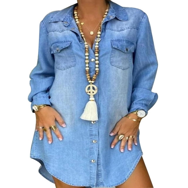 Blouse à Manches Longues pour Femmes Robe Chemise en Denim Boutonnée Décontractée Ample avec Poches